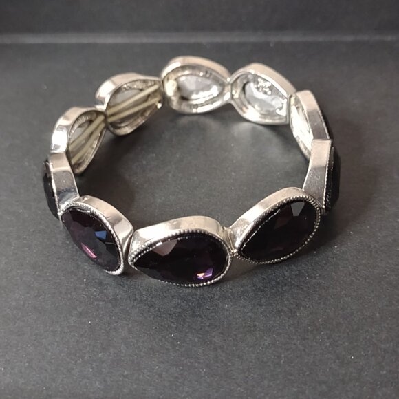 7 Inch Silver Tone And Dark Purple Glass Stretch Bracelet - Picture 8 of 9